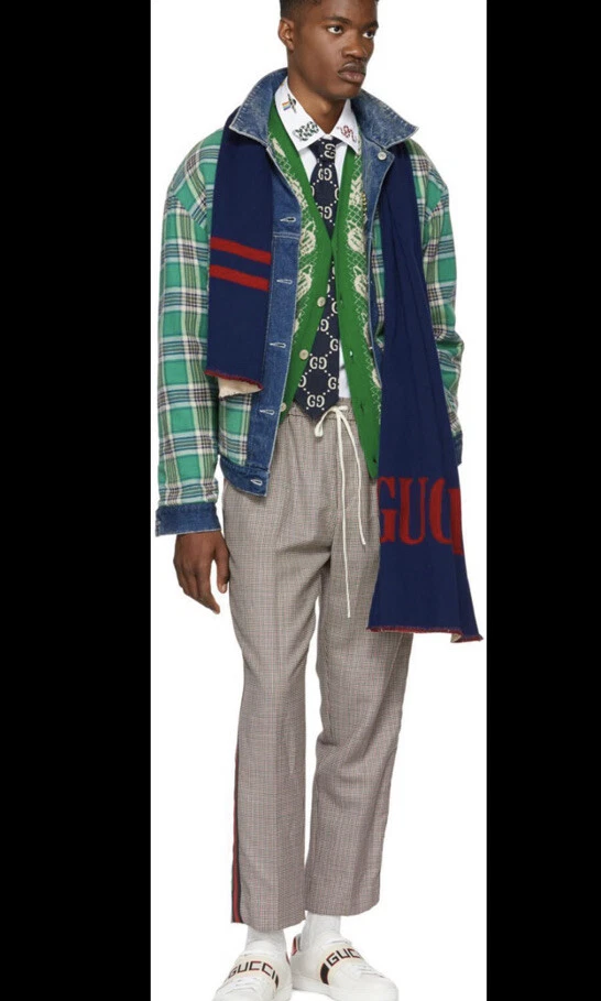 NUEVO CON ETIQUETAS Auténtico Gucci Jacquard Guccium Bufanda Hombres Mujeres Azul Zafiro Rojo 35 X 180 Foto 3 de 4