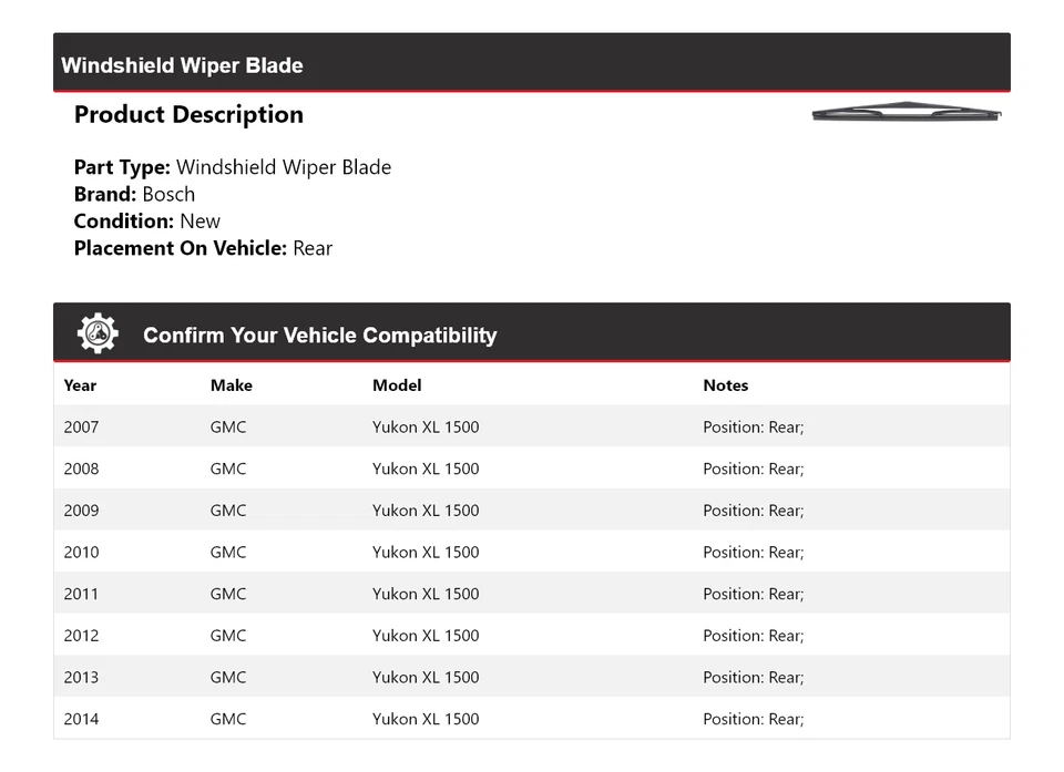 Limpiaparabrisas trasero para GMC Yukon XL 1500 2007-2014 Bosch 2008 2009 2010 Foto 2 de 3