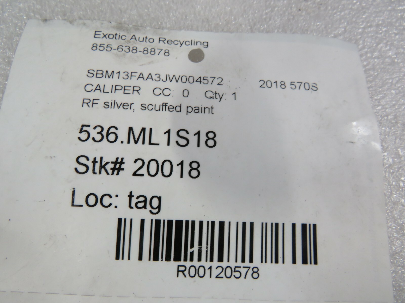 McLaren 570S, RH, Right, Front Brake Caliper, Silver, Scuffed Paint, Used