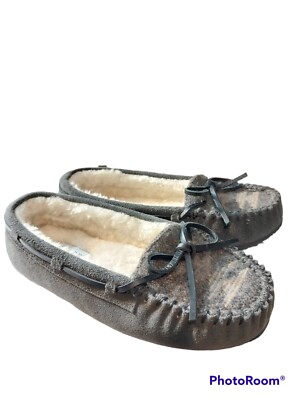 Minnetonka Suede Lodge Trapper Slippers Size 7W Fur Lining