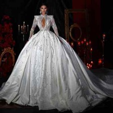 Luxury A-Line Wedding Dresses Sparkling Pearl Sequins Satin Applique Bridal Gown