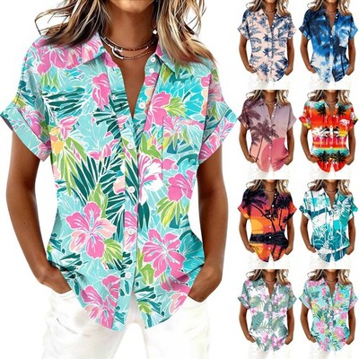 Damen Hawaii Hemd Kurzarm Button Down Shirts Soft Cool Floral Tropic Print Tops