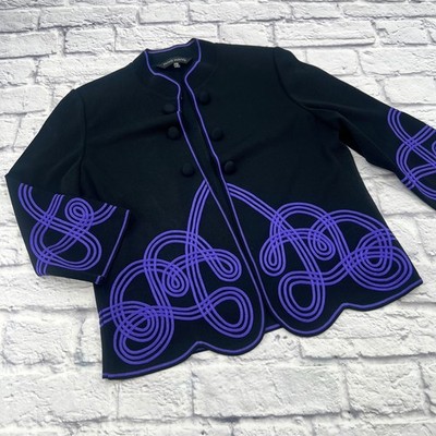 Ming Wang Womens Petite Medium Black Purple Soutache Scalloped Knit Cardigan PM