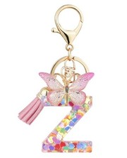 Initial Letter Keychain for Women Tassel Butterfly Pendant Key Letter Z Pink