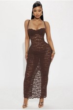 Fashion Nova Lilie Lace Maxi Dress Chocolate Brown 1X Plus Size Bodycon NWOT