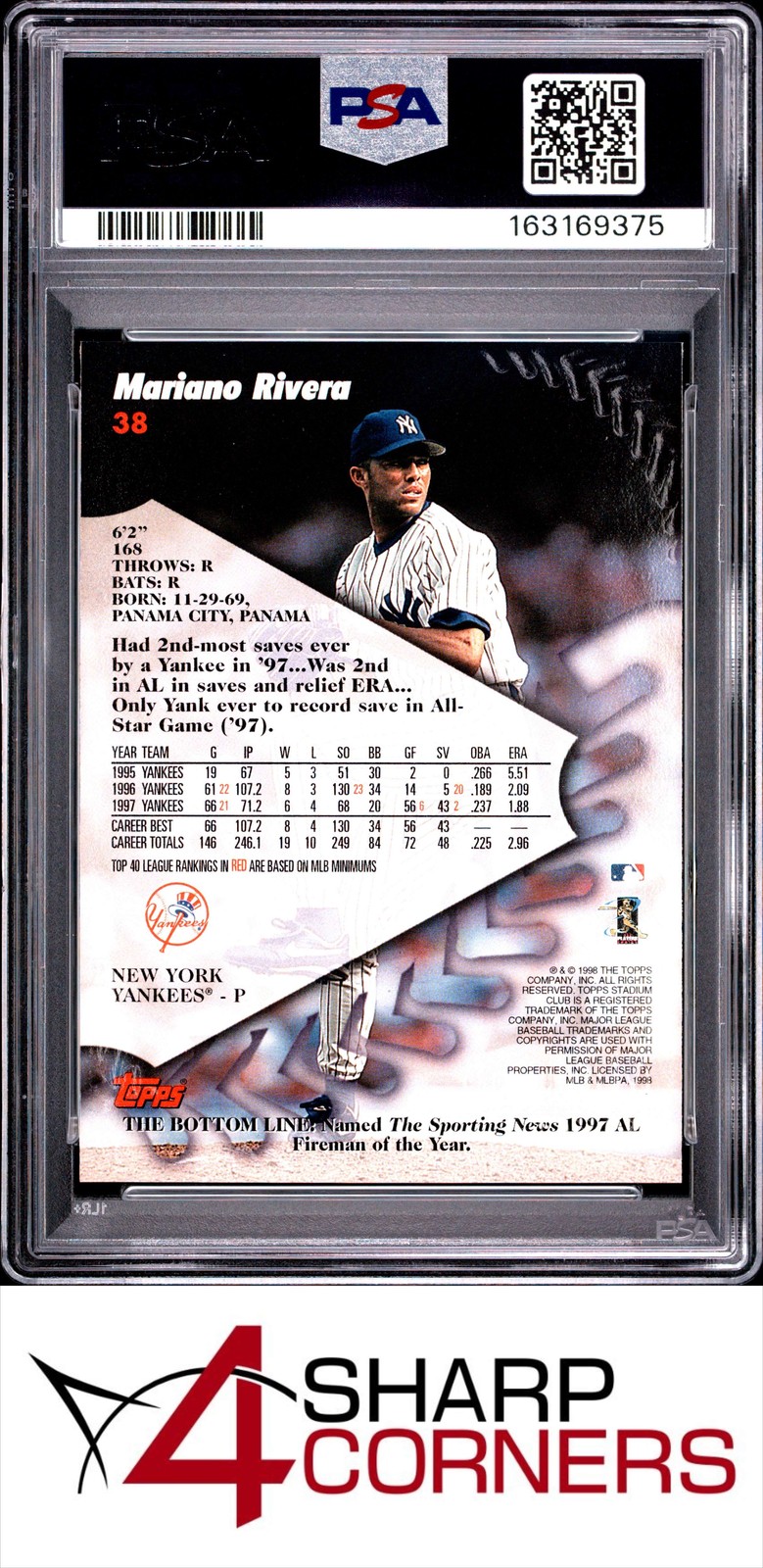 1998 STADIUM CLUB #38 MARIANO RIVERA YANKEES HOF PSA 10 view 2