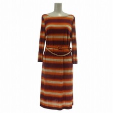 Prada One Piece Dress Silk 3 4 Sleeve Long Boat Neck Border Gradient Belt Used c