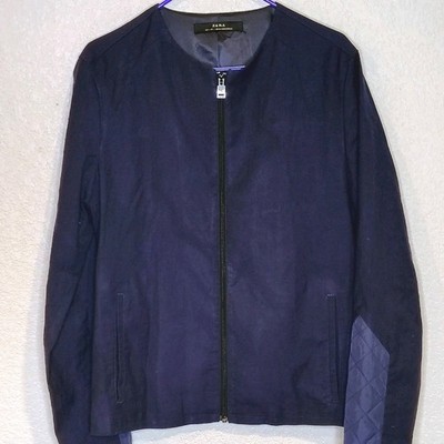 Size Large Zara Man Jacket  Zipper Front Navy Blue Mens Quilted Sleeve Patches 