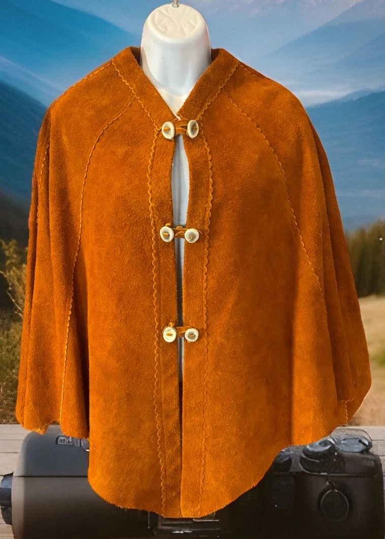 Vtg Suede Leather Jacket Poncho Cape w Antler Horn Buttons Western Small - Med