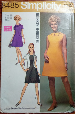 Simplicity 8485 VTG 60s Dress Petal Collar Color Block Sz 14 UNCUT Sew Pattern