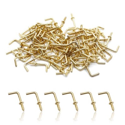 Square Bend Brass Plated L Hooks, Small Right Angle Mini Metal Screw-in Hook