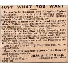 Farrar's & Rangeley Lakes Chas Farrar Jamaica Plain MA 1878 Clipping SAI4-M6