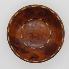 Handmade Small Round Wood Bowl with Marquetry 4-3/4" Dia. Lovely Wood Grain
