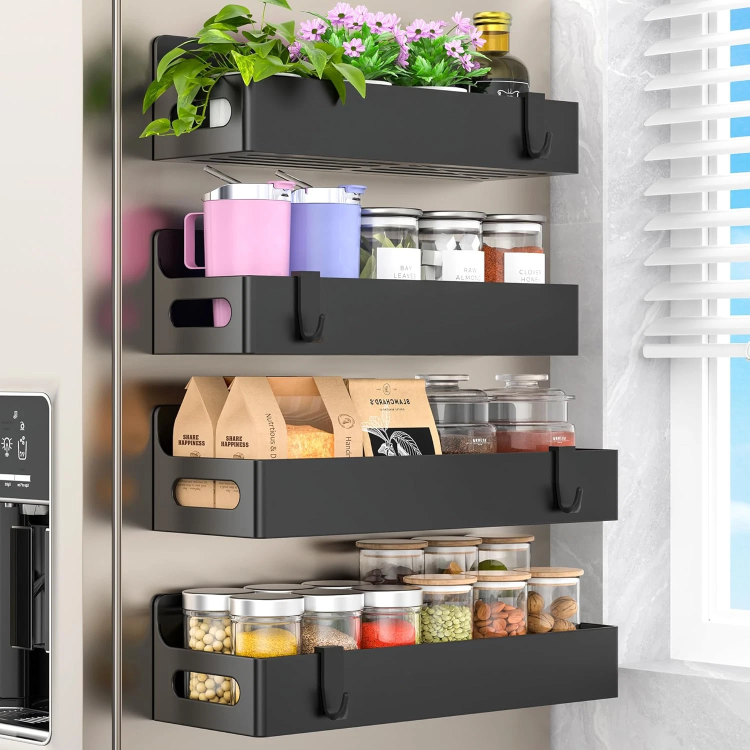 4 Pack Magnetic Spice Rack Organizer for Refrigerator and Oven, Black Fridge Org