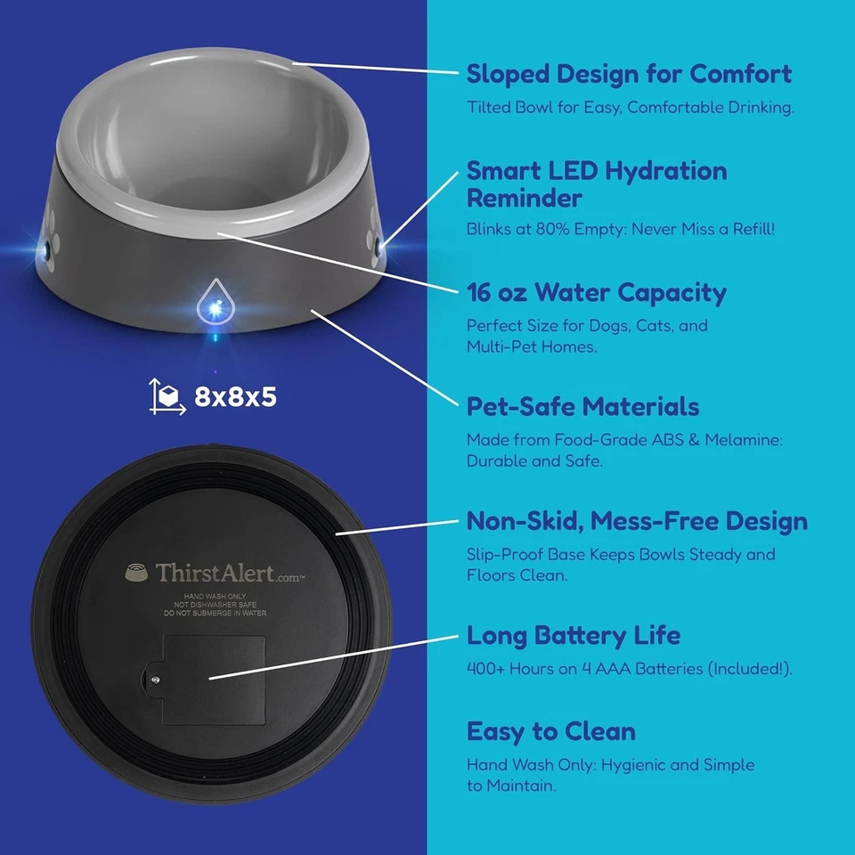 Tazón de agua ThirstAlert 16 oz perro/gato, las luces LED parpadean cuando alcanza el nivel del agua... Foto 4 de 4
