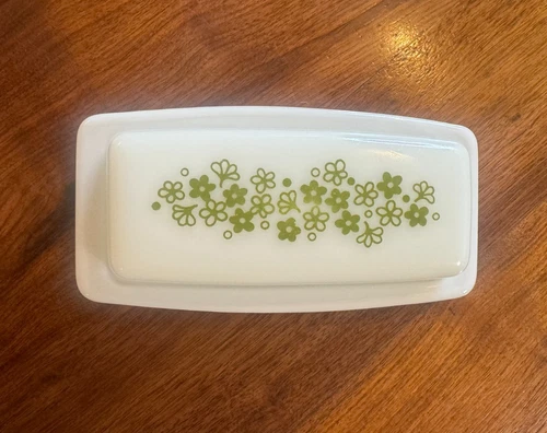 Vintage Pyrex Green Spring Blossom Crazy Daisy 7” Butter Dish & Lid USA
