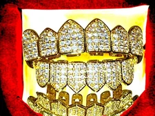 Iced CZ Cluster Teeth Grillz | 14K Gold Plated Custom Slugs Full Mouth Set