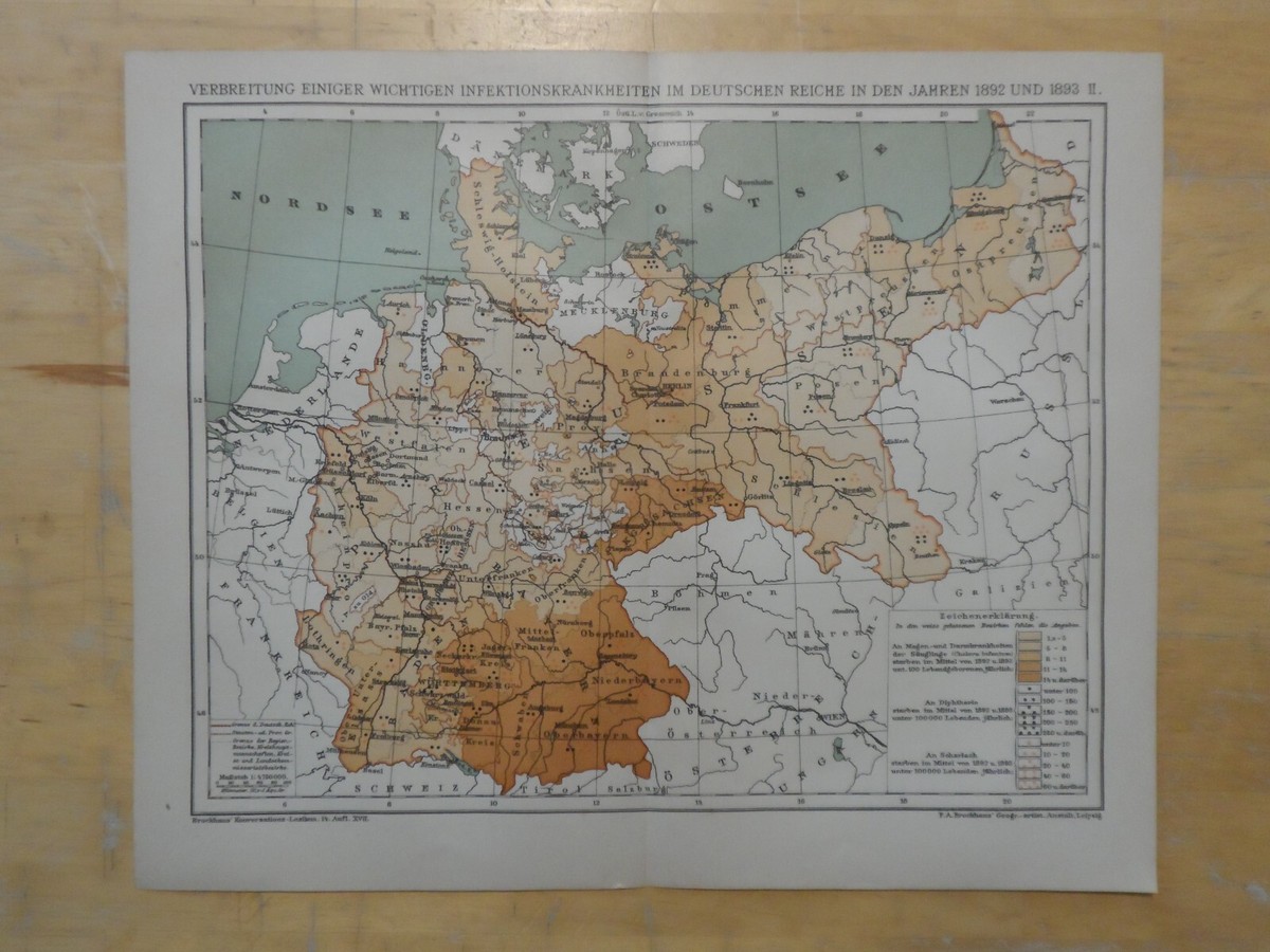 Lundkarteラントカルテ Orig.(1898) Lithographie Landkarte Infektionskrankheiten
