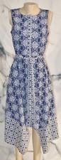 ROZ & ALI Navy Blue White Sleeveless Dress 4 Matching Belt Handkerchief Hem
