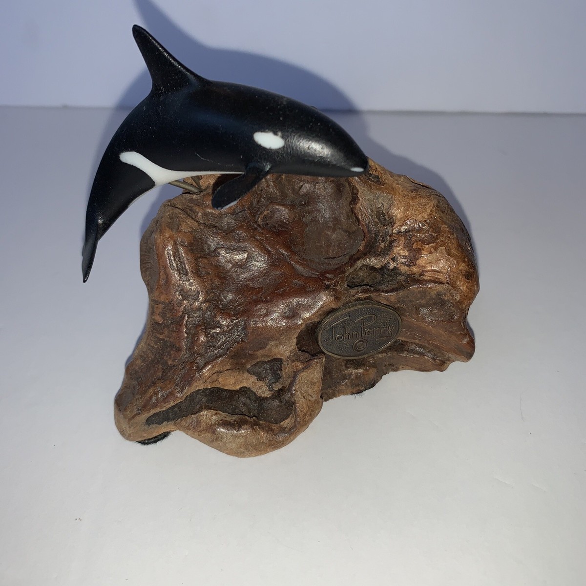 Vintage JOHN PERRY Orca Killer WHALE Art Sculpture on Burl Wood 