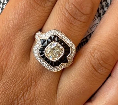 Кольцо ар-деко 935 Argentium Silver Simulated 1.80TCW черный оникс и белый сапфир - Изображение 4 из 4