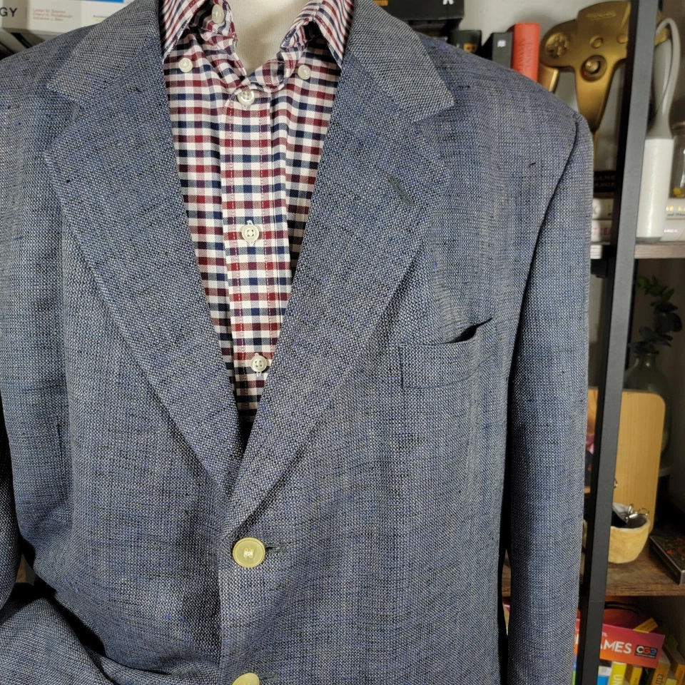 Abrigo Blazer Deportivo Para Hombre Boston Traders Dos Botones Azul Gris 100% SEDA Talla 46R De Colección Foto 4 de 4