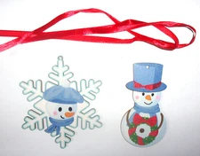 2) wooden Christmas ornament gift tag Snowman head in snowflake & holding wreath