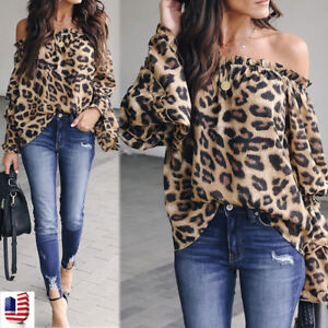 Zalanala Leopard Print Womens Long Sleeve Casual Pocket Tops Button Loose Shirt Blouses 
