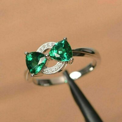2Ct Trillion Cut Green Emerald Two Stone Engagement Ring 14K White Gold Finish