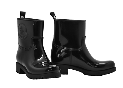 Auth MONCLER Black PVC-Rubber Logo Patch Waterproof Ankle Rain