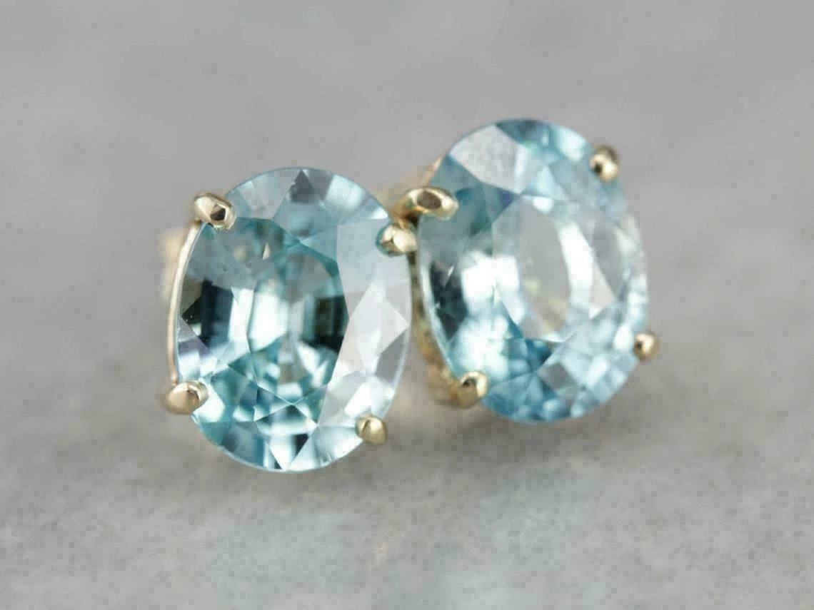 2 CT Oval Cut Simulated Aquamarine Stud Earrings Yellow Gold