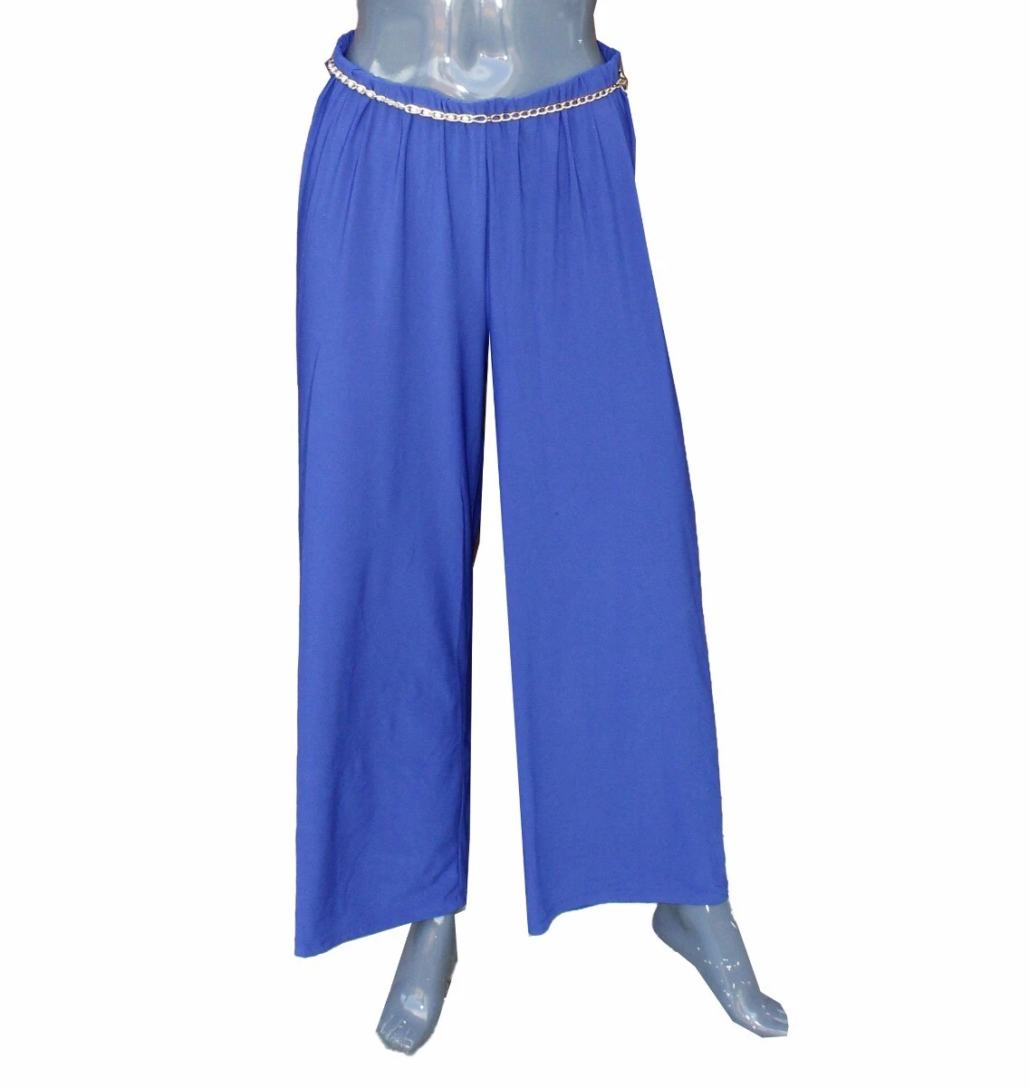 Pantalone a Palazzo Blu Donna Elegante Lizal Cintura Catena Curvy