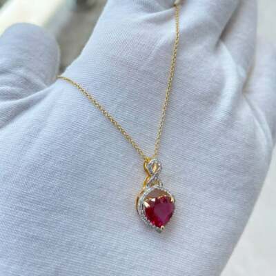 2Ct Lab Created Heart Cut Ruby Diamond Twisted Solitaire Pendant 14K Gold Plated