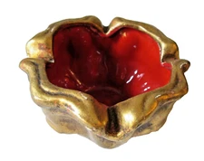 VINTAGE CERAMIC CIGAR ASHTRAY GOLD RED GLAZE HOLLYWOOD REGENCY  1950'S/60'S MCM 