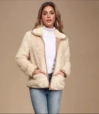 Lulu’s Sherpa Teddy Coat Faux Leathet Cream Colored Oversized Us S