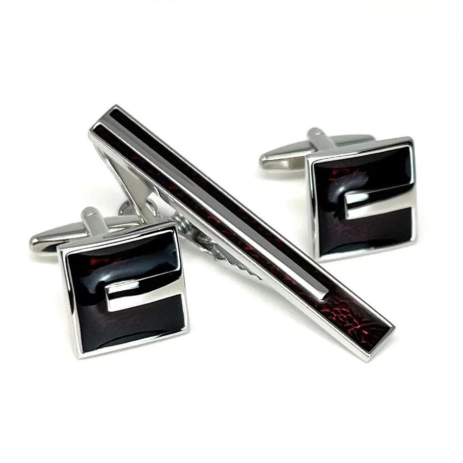 Burgundy Cufflinks And Tie Clip Set Men Birthday Wedding Gift Tie Bar With Box - Image 2 of 4