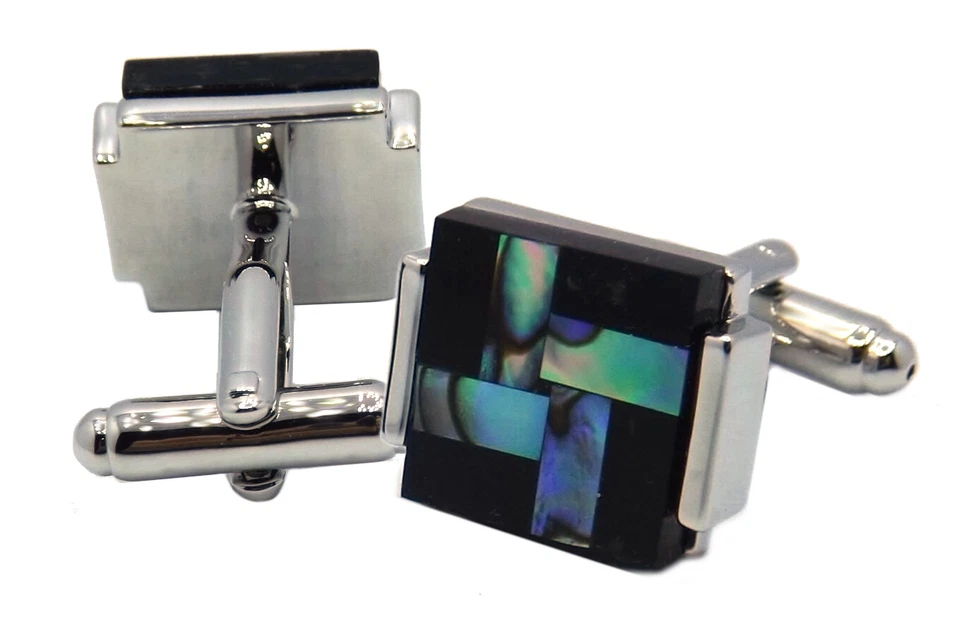 Gemelos de abulón concha de perlas y cruz de ónix negro para hombre en caja de regalo personalizada Foto 3 de 4