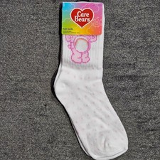 Care Bears Kids White Pink Polka Dot Crew Socks Shoe Size 10-4 New