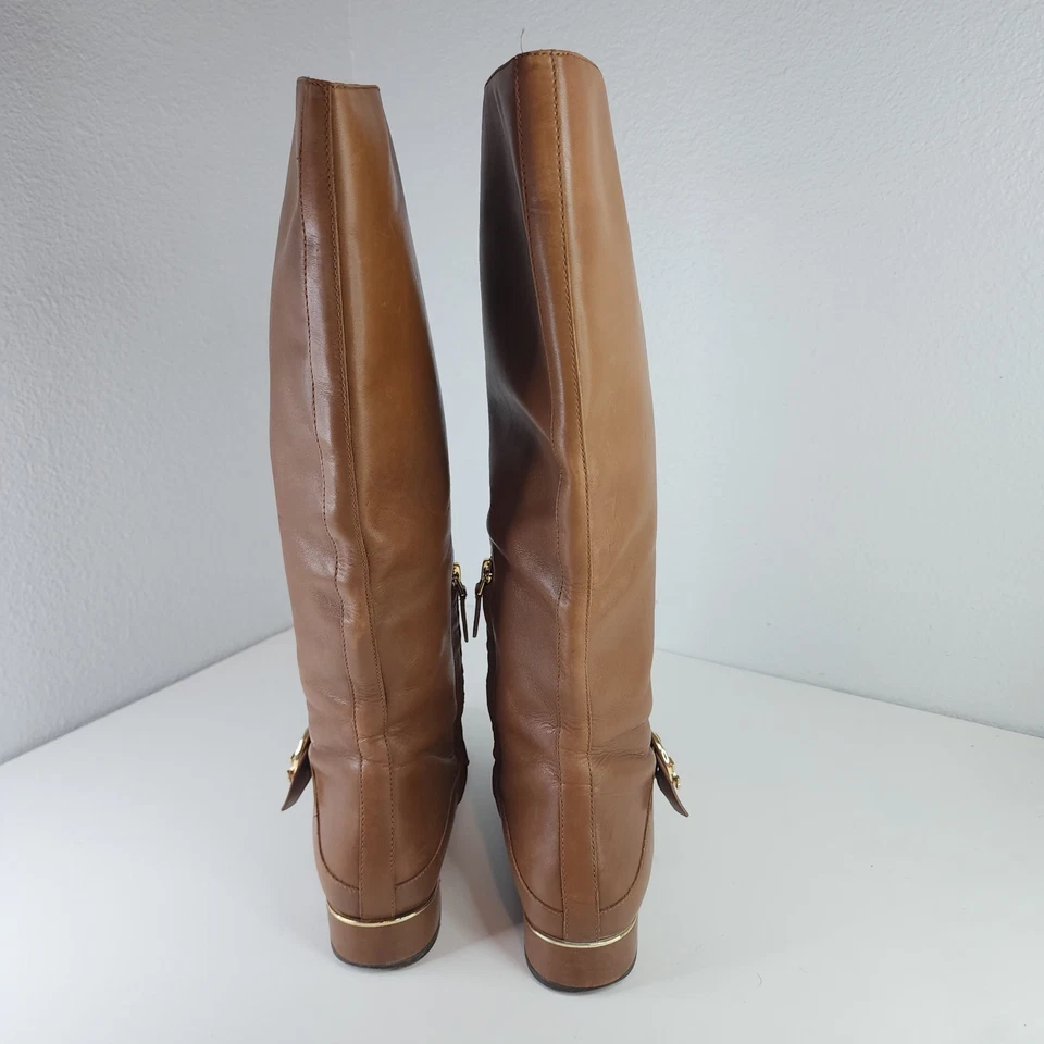 Botas de montar altas de cuero marrón Tory Burch logotipo con hebilla dorada para mujer 9,5 M $249 Foto 4 de 4