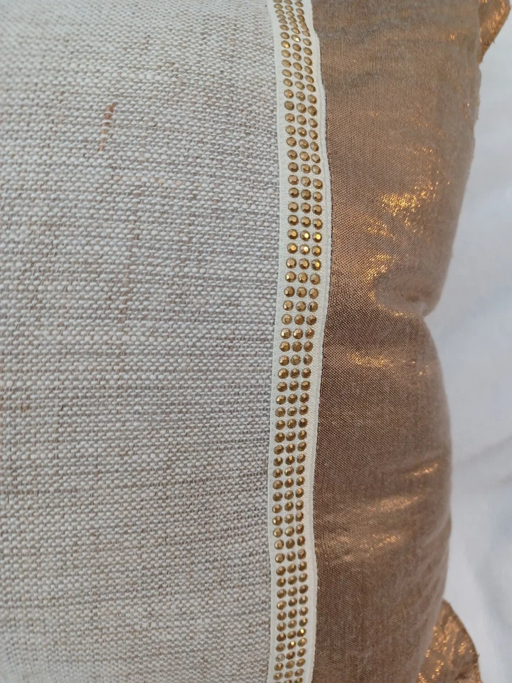 Handmade Tan TASTEFUL BLING Linen/Copper Beaded Pillows for Home, Gift - Image 2 of 4