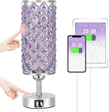 Purple Lamp for Girls Room-Crystal Touch Lamp with USB-C+A Ports 3 Way Dimmable