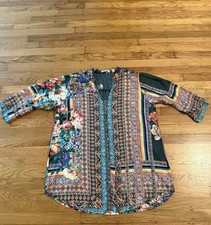 Johnny Was 100 Silk Boho Floral Button Down Front Blouse Shirt Size MEDIUM