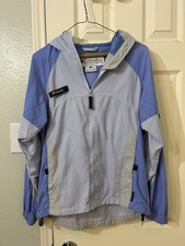 Columbia Women s Packable Hooded Windbreaker Jacket Zip Colorblock Blue/Gray S