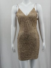 Windsor Dress Womens Small Beige Tan Glitter Mini V-Neck Party Cocktail NYE Club