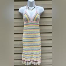 New Hot + Delicious Size S pastel crochet halter dress festival tassel fringe