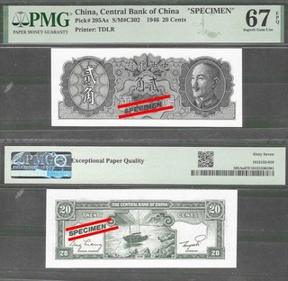 China (Central Bank of ) P 395As 20 Cents SPECIMEN 1946 PMG 67