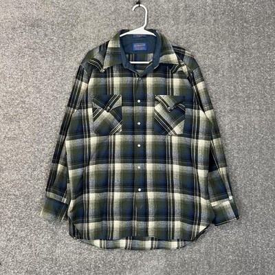 Pendleton 100% Virgin Wool Men S Green Plaid Pearl Snap Button Up Shirt Large