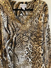 Vintage Victor Costa 100% Silk Shirt/Beach Coverup/Cruise/Chic/Animal Size L Top