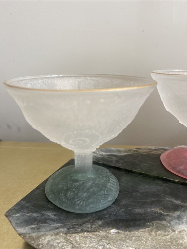 2pc Set Cristina Salusti Signed Fossilglass Glassware Pink Green Footed Gold Rim - Picture 2 of 11