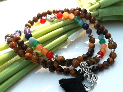 GJ69 * SPIRITUELL ARMAND 2/1 BUDDHA/OM 7 CHAKRA TIGERAUGE 108 GEBETS KETTE MALA